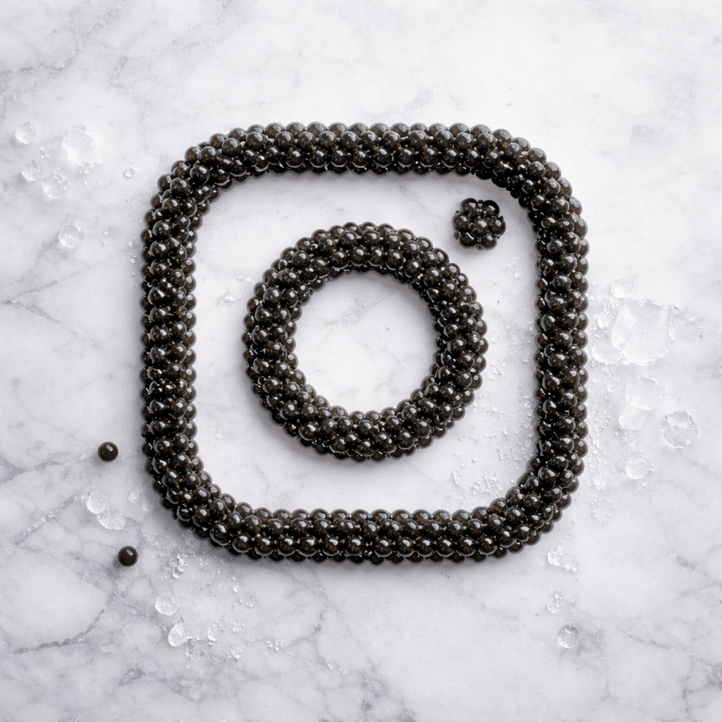 A spiral and square shape made of black caviar beads on a white marble surface with ice cubes and water droplets.