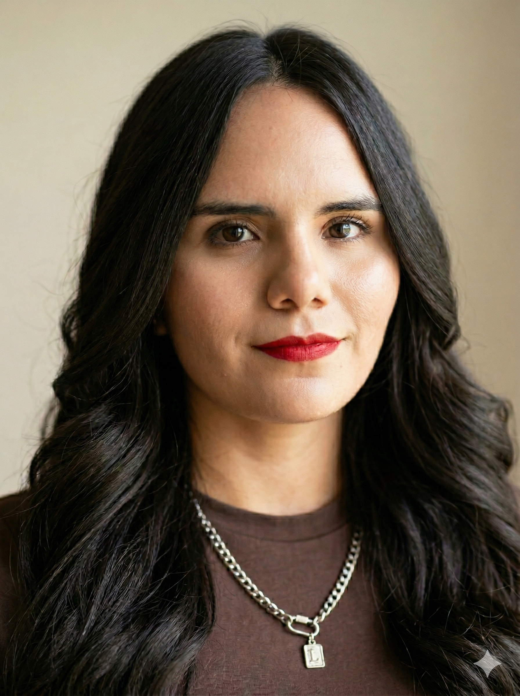 Close-up portrait of a woman with long dark hair, light skin, brown eyes, wearing red lipstick, a brown top, and a silver chain necklace with a pendant.