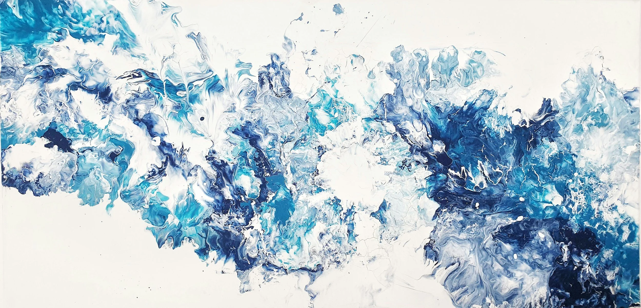 Abstract painting with swirling patterns of blue, white, and black colors on a white background.