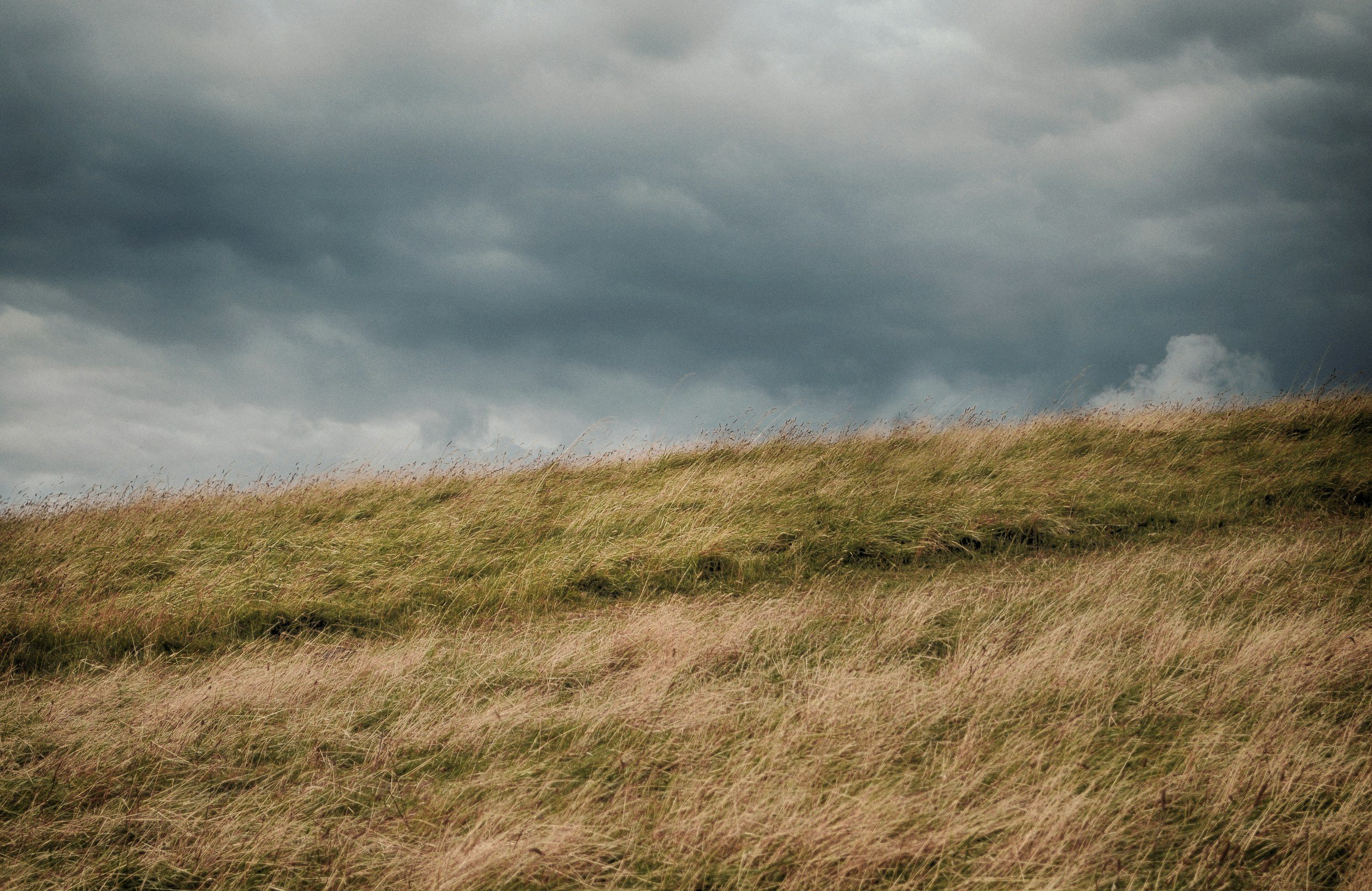 Overcast sky with dark storm clouds over a grassy hillside.