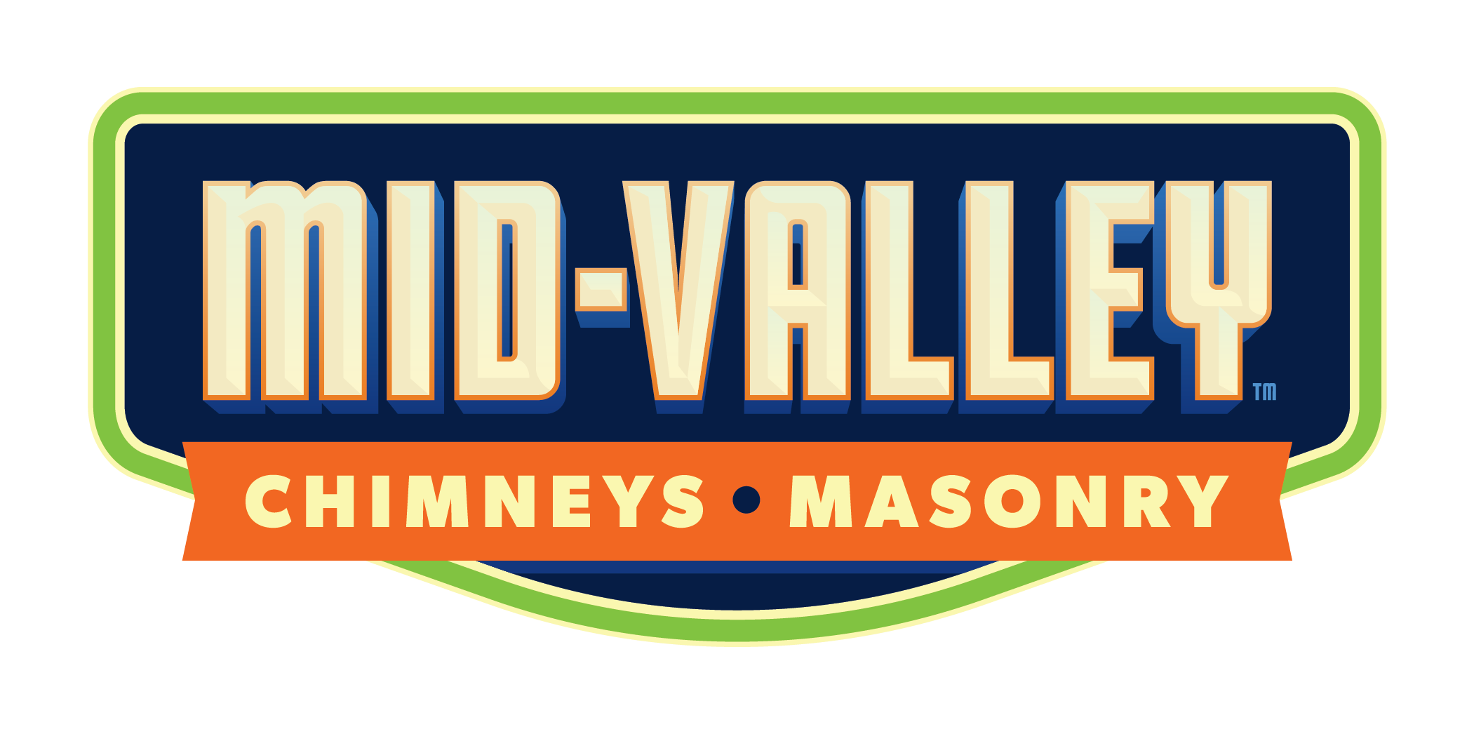 Logo for Mid Valley Chimneys and Masonry featuring green and dark blue colors with the text 'Mid Valley' prominently displayed and orange banner with 'Chimneys Masonry' underneath.