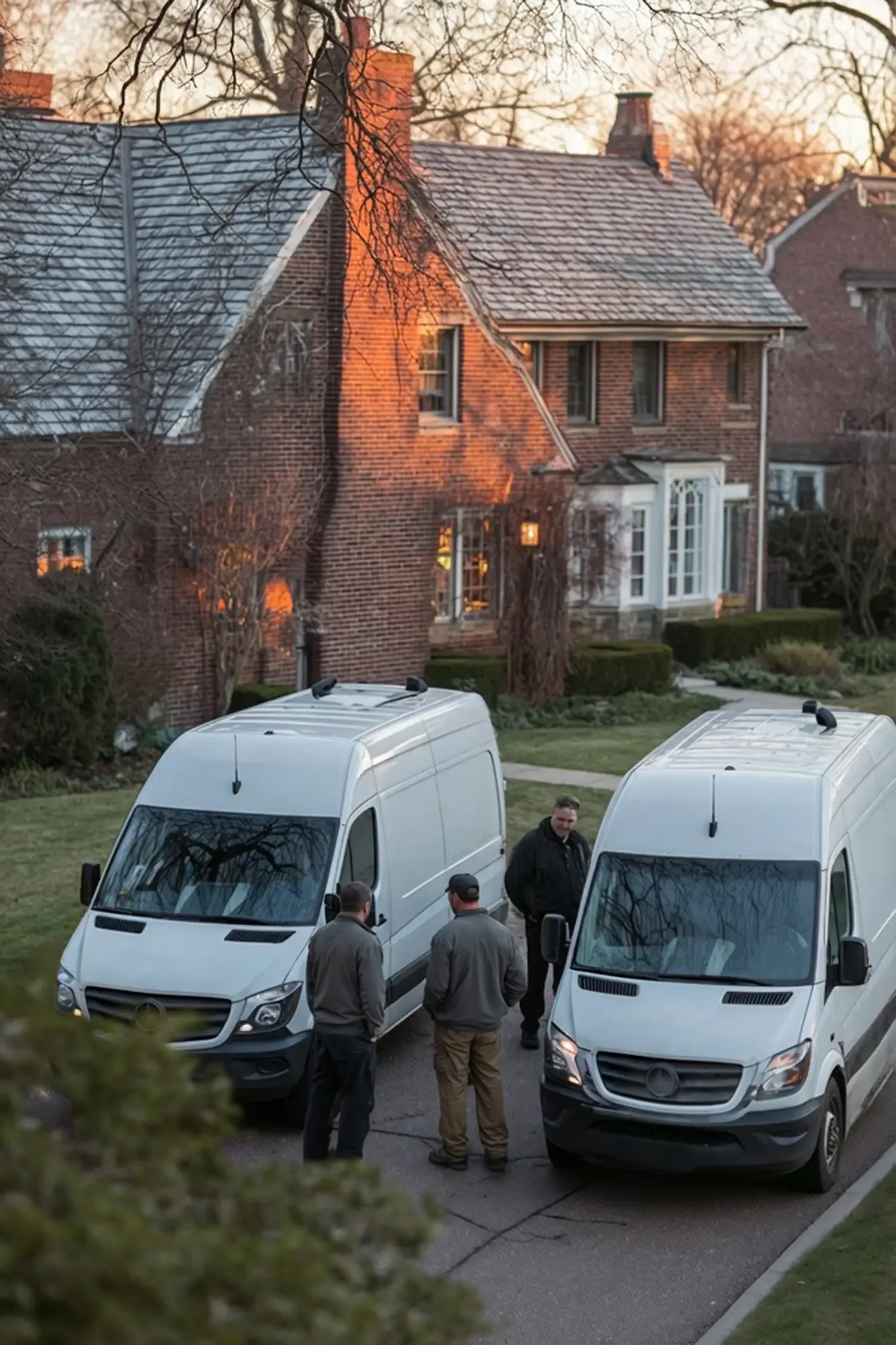 Two white service vans parked on a quiet suburban street in front of a traditional red brick house at sunset, with three maintenance workers talking near the driveway in a well-kept residential neighborhood.
