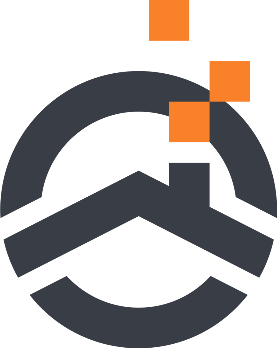 A graphic logo featuring a stylized dark gray eye with a circular outline, orange squares above the eye, and a black background.