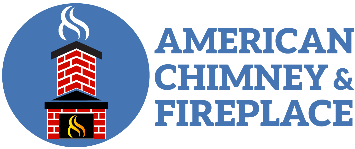 Logo of American Chimney & Fireplace featuring a stylized red brick chimney with smoke rising and a yellow flame icon.