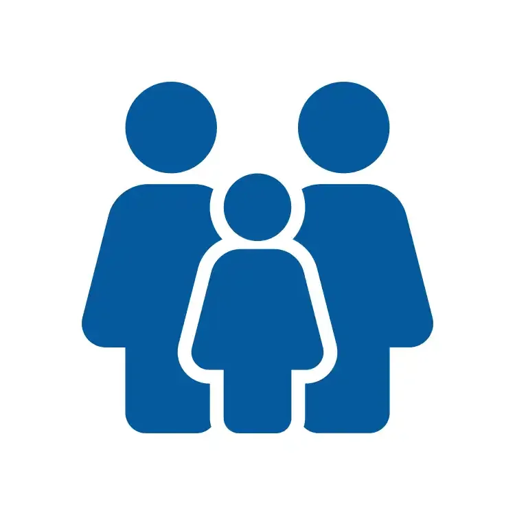 Icon of three people representing a family or group, with two adult figures and one child figure in the center.