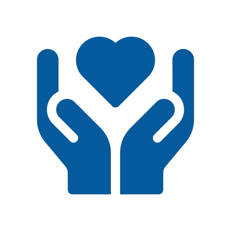 Two blue hands cupping a blue heart, symbolizing care or compassion.