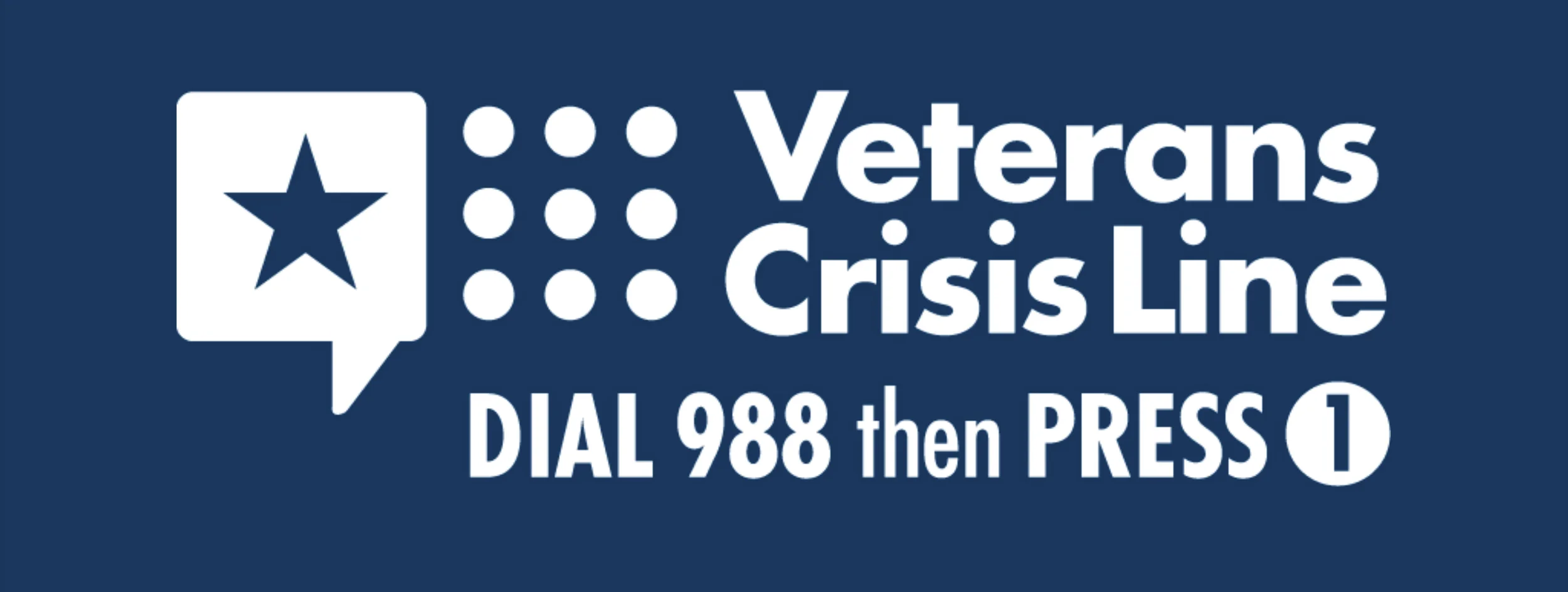 Veterans Crisis Line logo with a speech bubble and a star, instructions to dial 988 and press 1 for support.