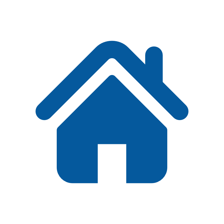 Blue house icon with a sloped roof and a chimney.