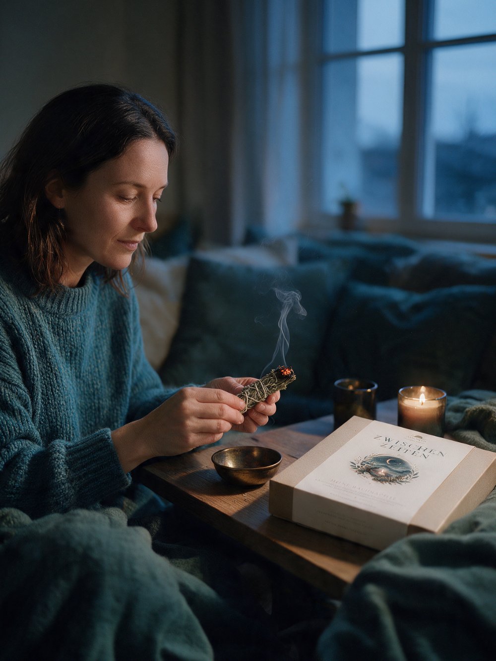 Frau mit Räucherbündel in den Rauhnächten