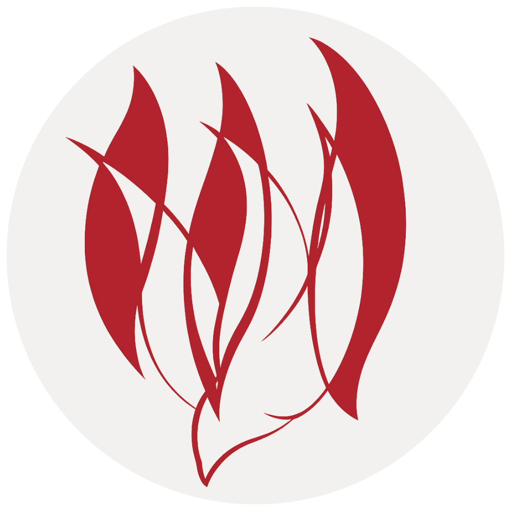 Abstract logo with red curving shapes on a light background