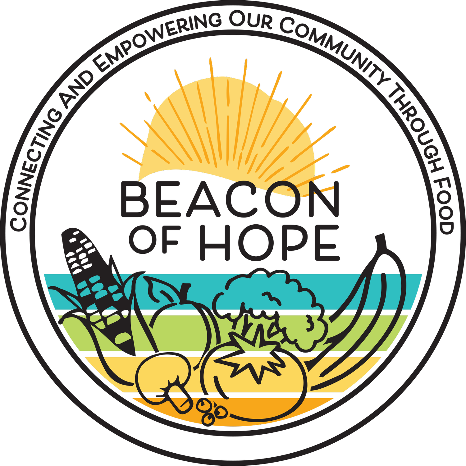 Illustrated logo of the Beacon of Hope with a sunrise, vegetables, and water, highlighting community food partnership and empowerment.