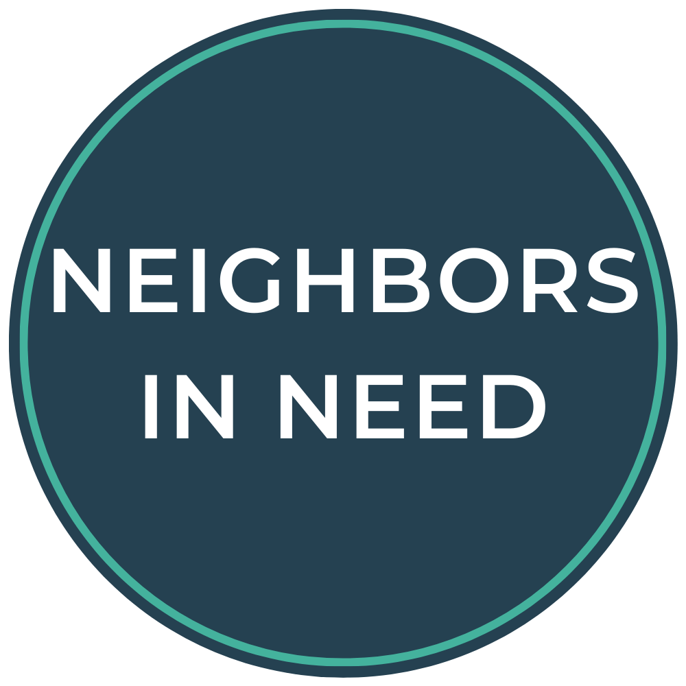 Circular logo with a dark teal background and light teal border reading "Neighbors in Need" in white text.