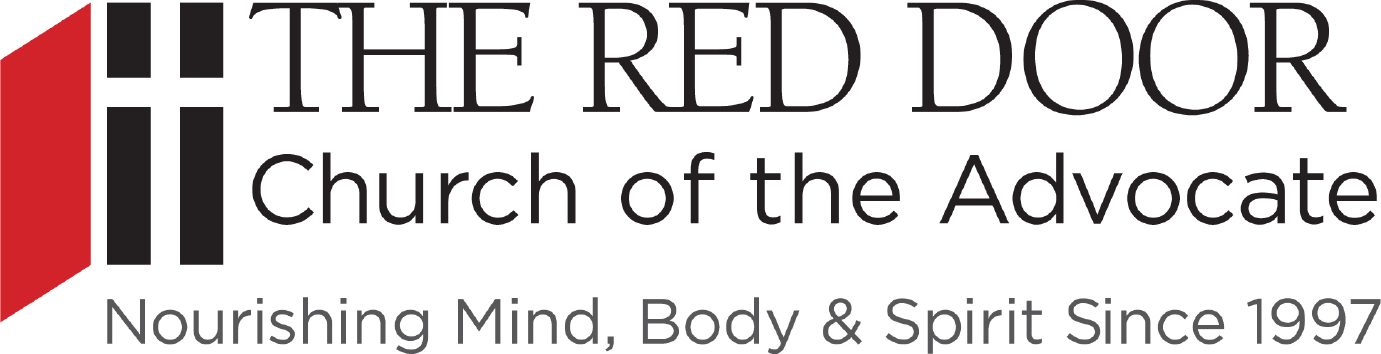 Logo for The Red Door Church of the Advocate with red, black, and gray design elements and the text 'Nourishing Mind, Body & Spirit Since 1997'.