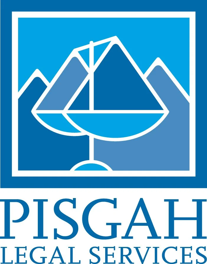 Logo for Pisgah Legal Services featuring a stylized mountain range with a sailboat in front.