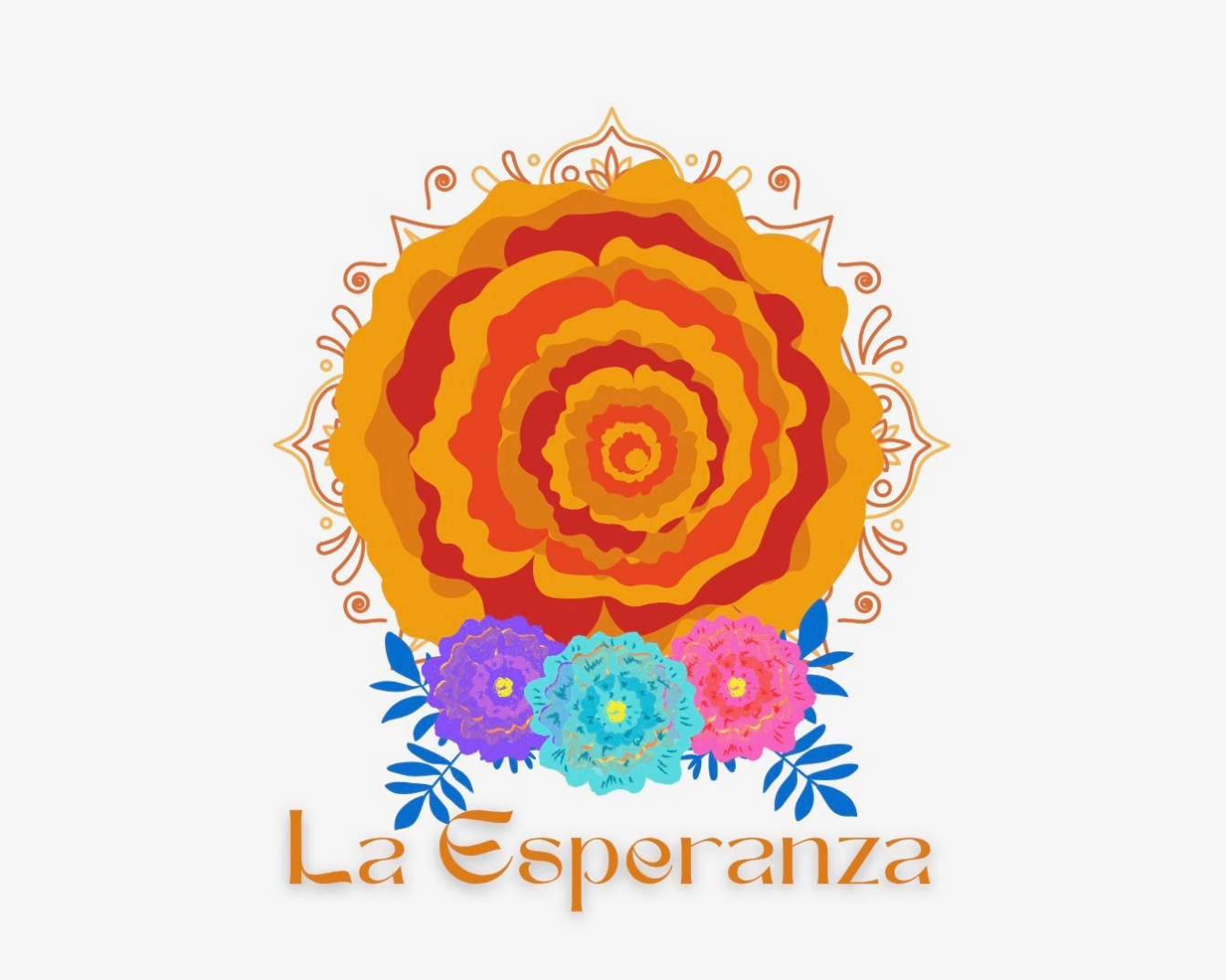 A colorful illustration featuring a large orange and red mandala flower at the center, with smaller purple, blue, and pink flowers below, and the words "La Esperanza" in orange text underneath.