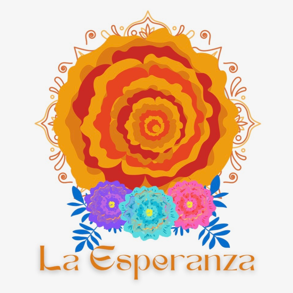 Colorful digital artwork featuring a large orange and red rose at the top, with smaller blue and pink flowers below, and the words "La Esperanza" written in orange at the bottom.