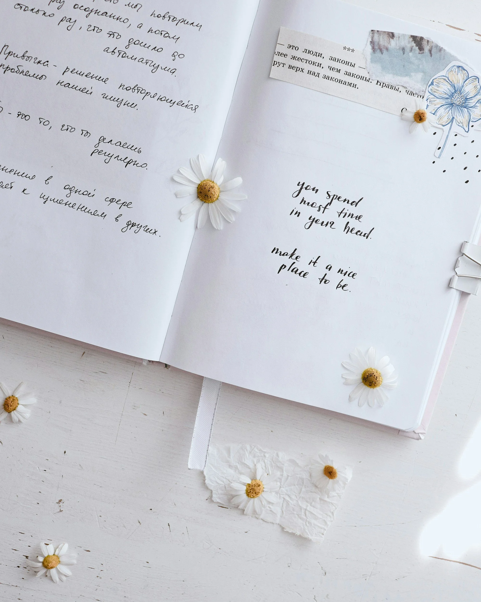 Open notebook with handwritten notes in Russian and English, decorated with white daisies and a small paper flower, placed on a white surface with scattered daisies and a piece of crumpled paper.