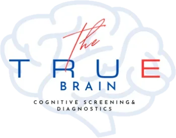 Logo for The True Brain, a cognitive screening and diagnostics service, featuring a stylized brain illustration and text in red and blue.