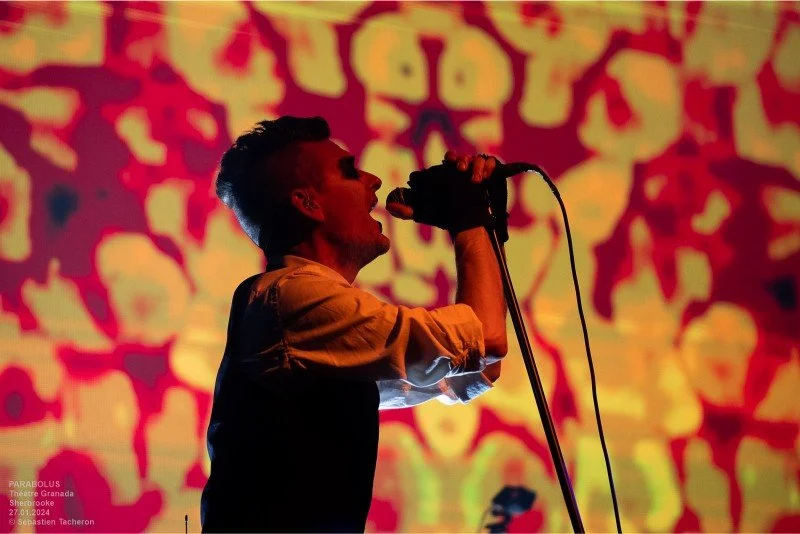 A male singer performing on stage with a microphone in front of a colorful, abstract background.