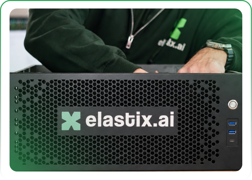 Close-up of a server or computer hardware with the logo 'elasticsearch.ai' on it, a person's arm and hand are visible working on the device.