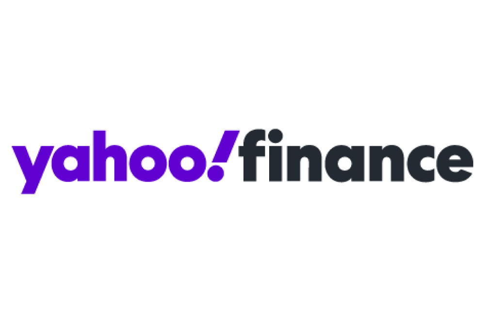 Close-up of a black and purple iPhone with the screen showing the yahoo finance logo