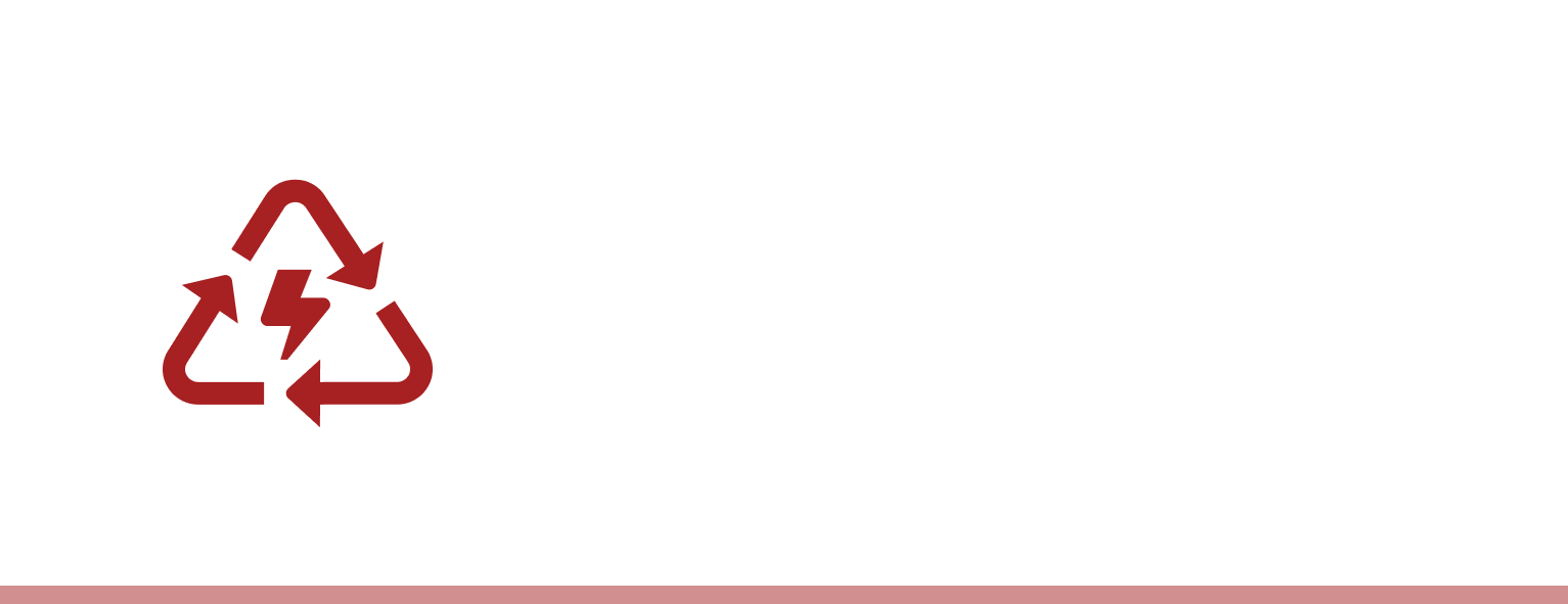 Recycling symbol with a lightning bolt in the center, on a white background, with a red stripe at the bottom.