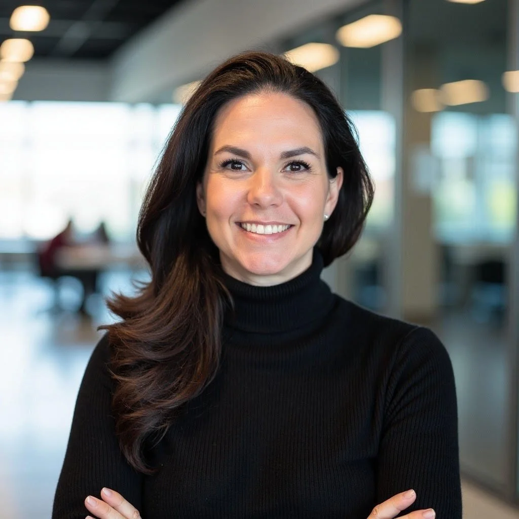 A woman with long dark hair wearing a black turtleneck, smiling with arms crossed, in a modern office setting with large windows and blurred background.