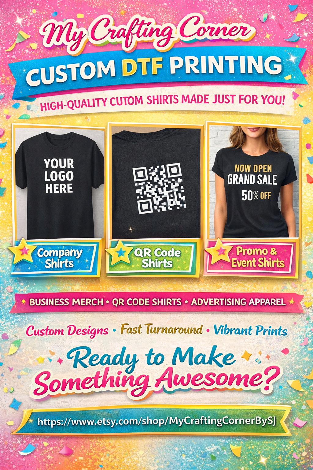 Custom DTF Printed Shirts, Business Merch, QR Code, Advertising Apparel