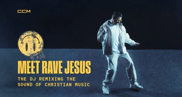 A man in a white tracksuit and yellow sunglasses dancing against a dark background with yellow text that says, "Meet Rave Jesus" and "The DJ remxing the sound of Christian music." The logo "CCM" is in the top left corner.
