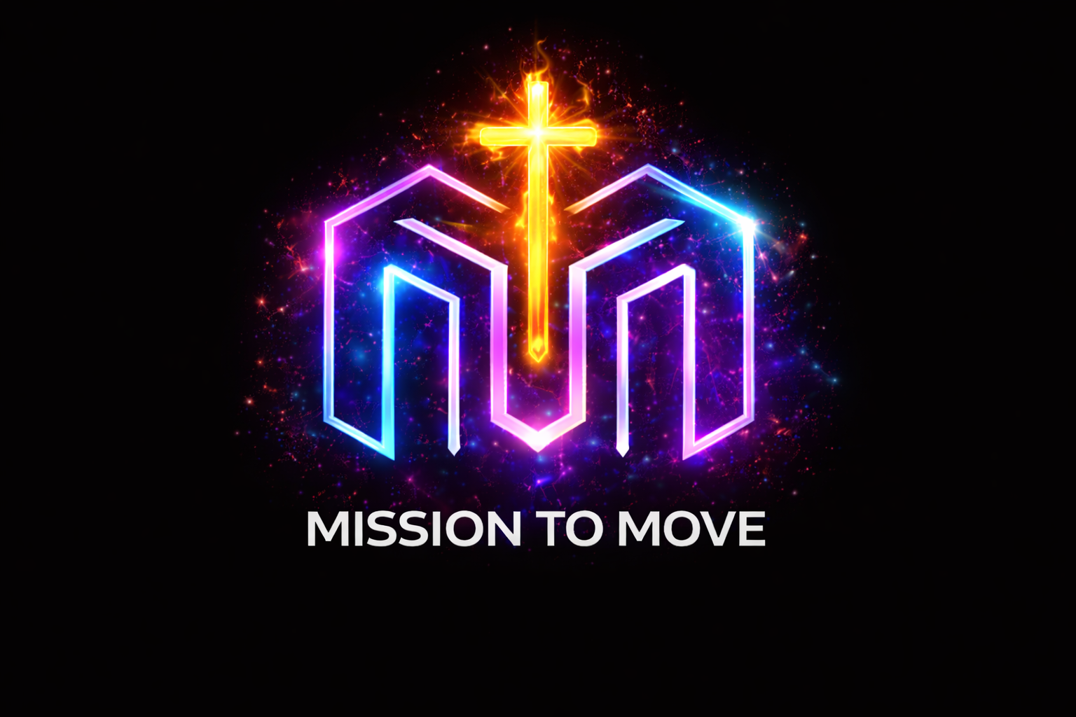 Neon-style logo with the text 'MISSION TO MOVE' below a glowing cross and geometric shapes, surrounded by colorful sparkles and a dark background.