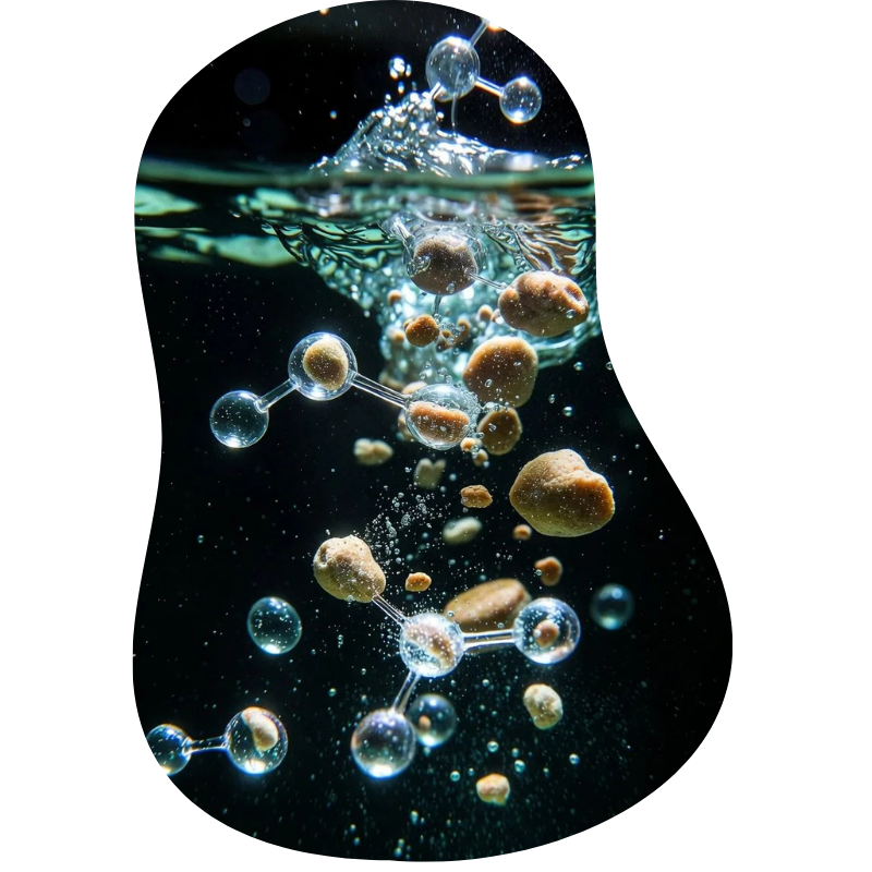 Molecular models and rocks submerged in water with bubbles and ripples