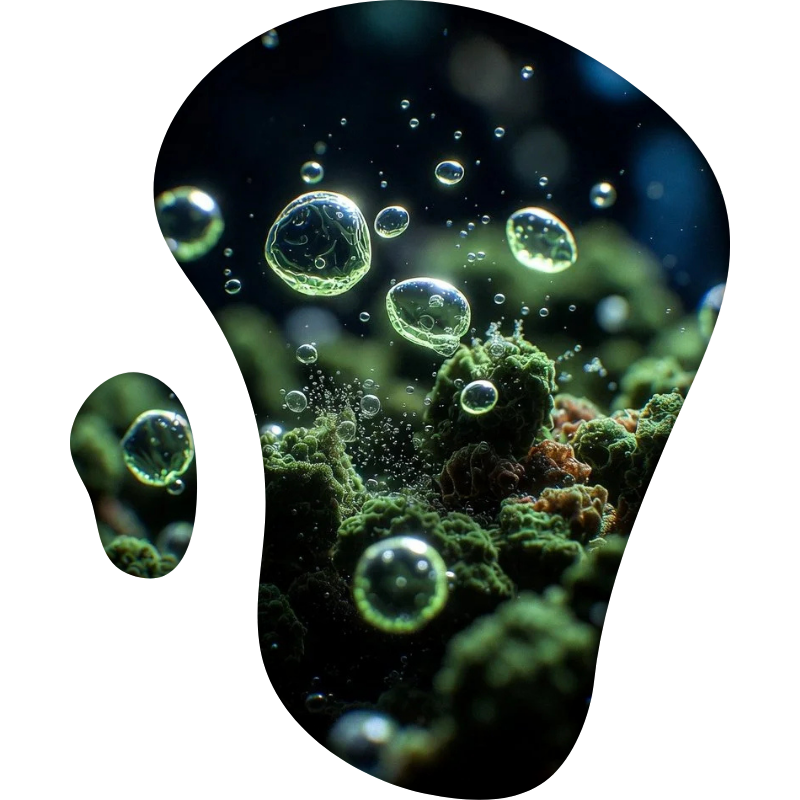 Close-up of underwater scene with bubbles rising above green coral or algae.