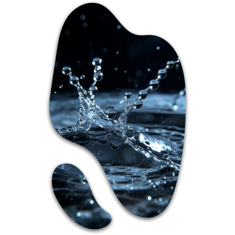 Close-up of water splashing with droplets in mid-air, dark background with bright reflections.