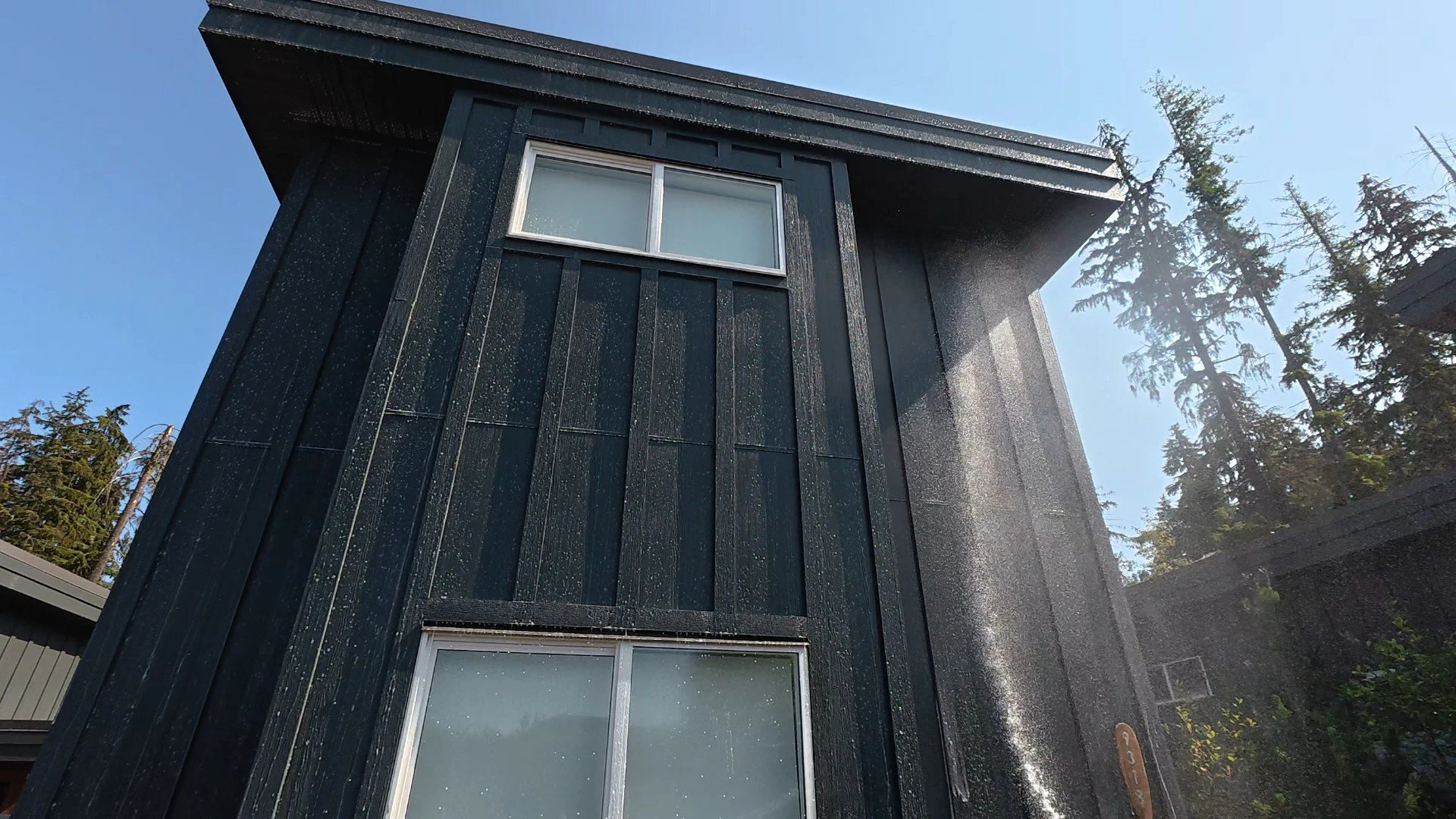 A black house with vertical paneling exterior and two white-framed windows, surrounded by a clear blue sky and tall trees.