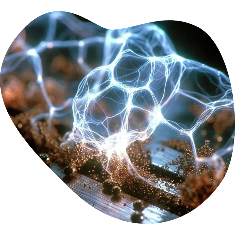 A digital artistic representation of a neural network with glowing interconnected nodes and electrical-like signals.