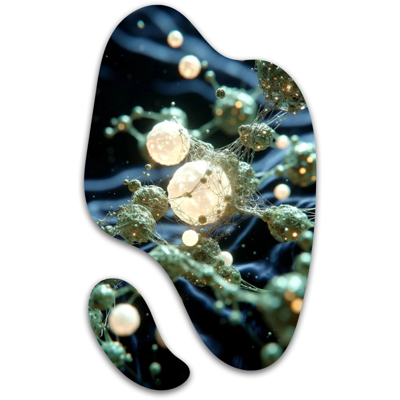 A digital rendering of interconnected glowing spheres and strands resembling molecules or a neural network with a cosmic or microscopic background, shaped within an abstract black form.