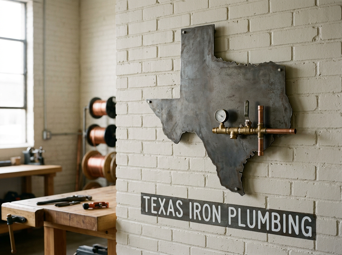 Wall art in the shape of Texas made from metal pipes with plumbing gauges and fittings, labeled 'TEXAS IRON PLUMBING', inside a workshop with spools of copper pipe on a rack and a workbench with tools.