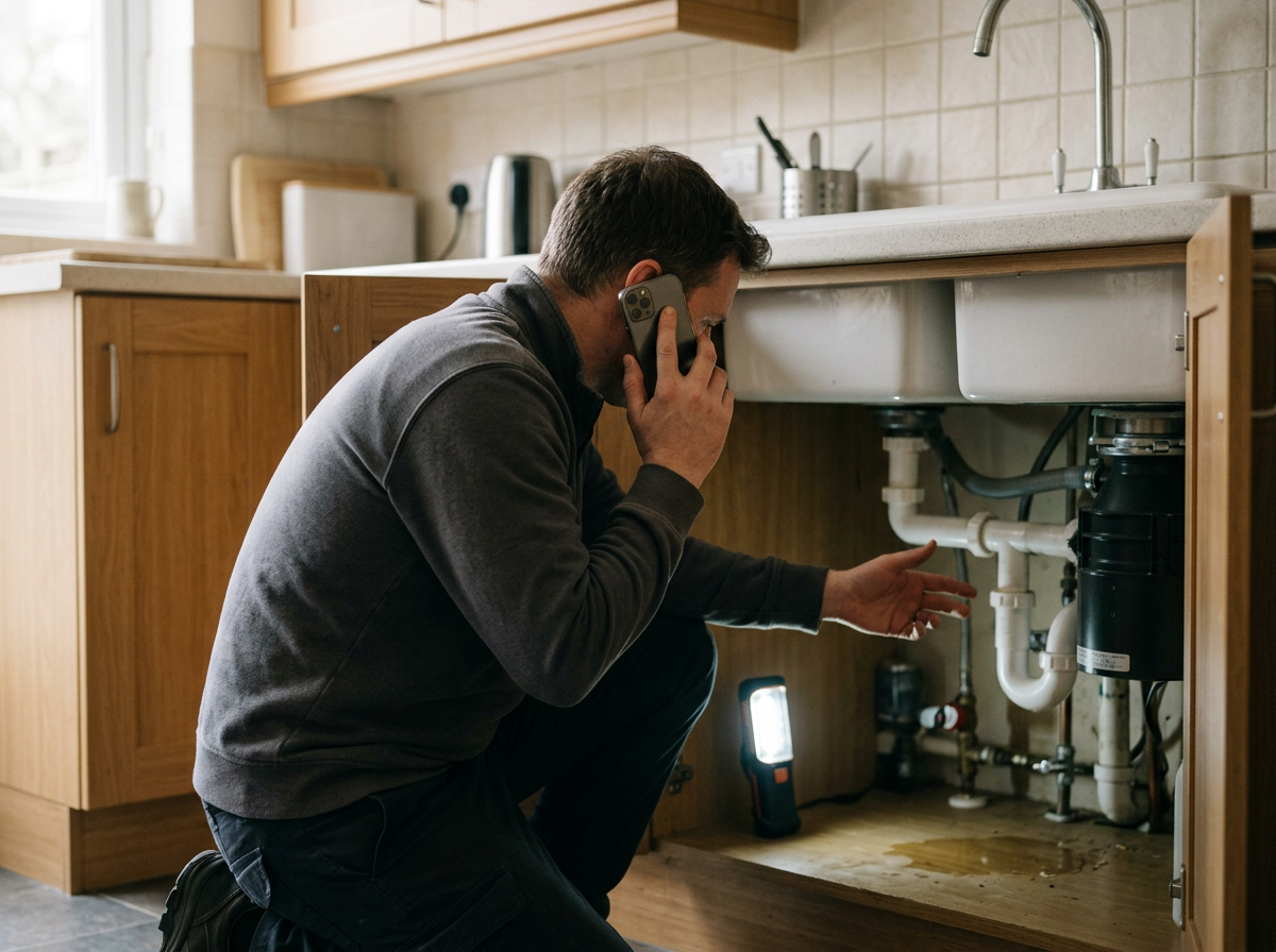 Man inspecting plumbing under kitchen sink with a flashlight and talking on cellphone.