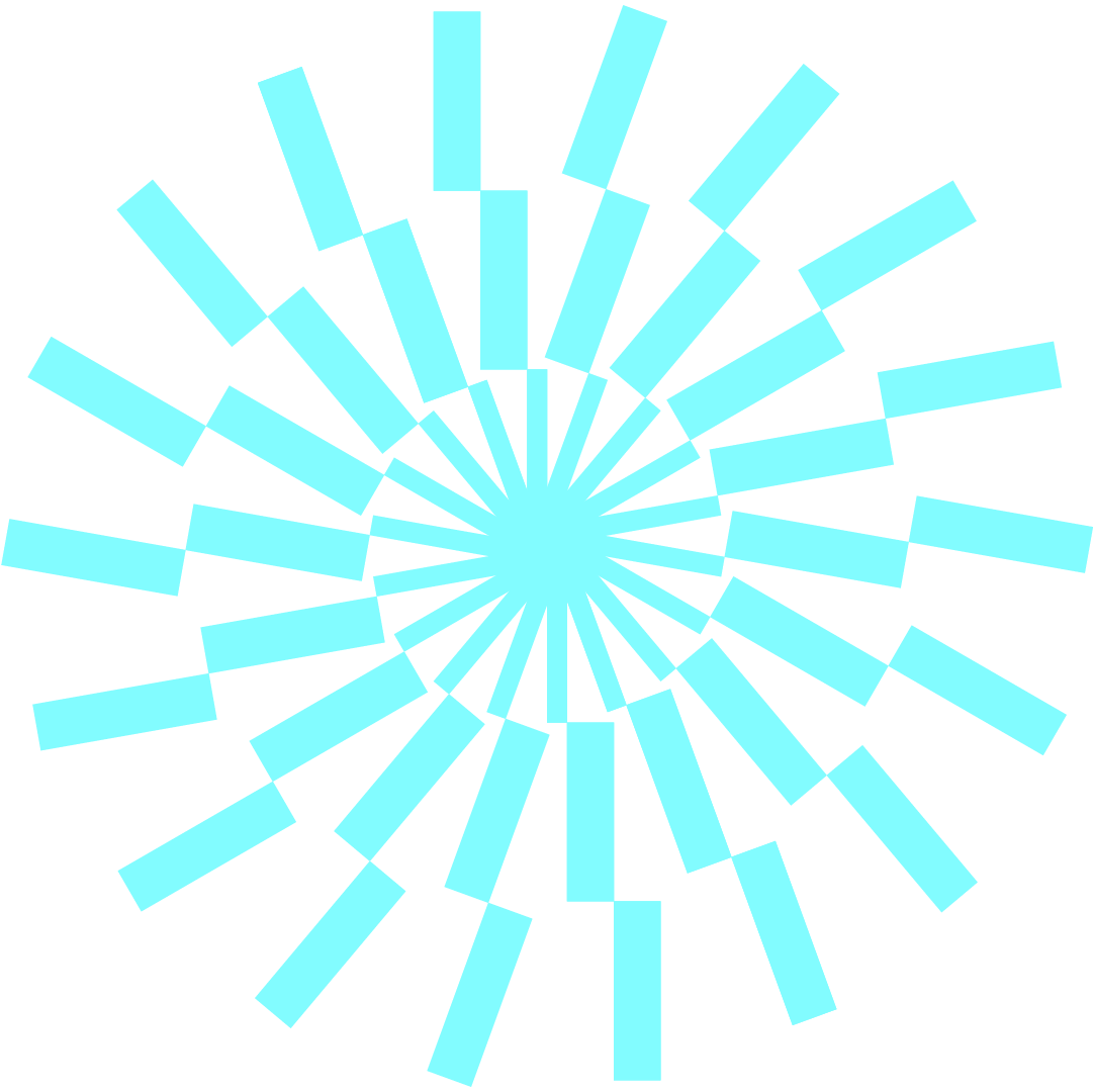 A digital graphic design featuring a radial burst of light blue rectangular bars emanating from a central point, set against a black background.