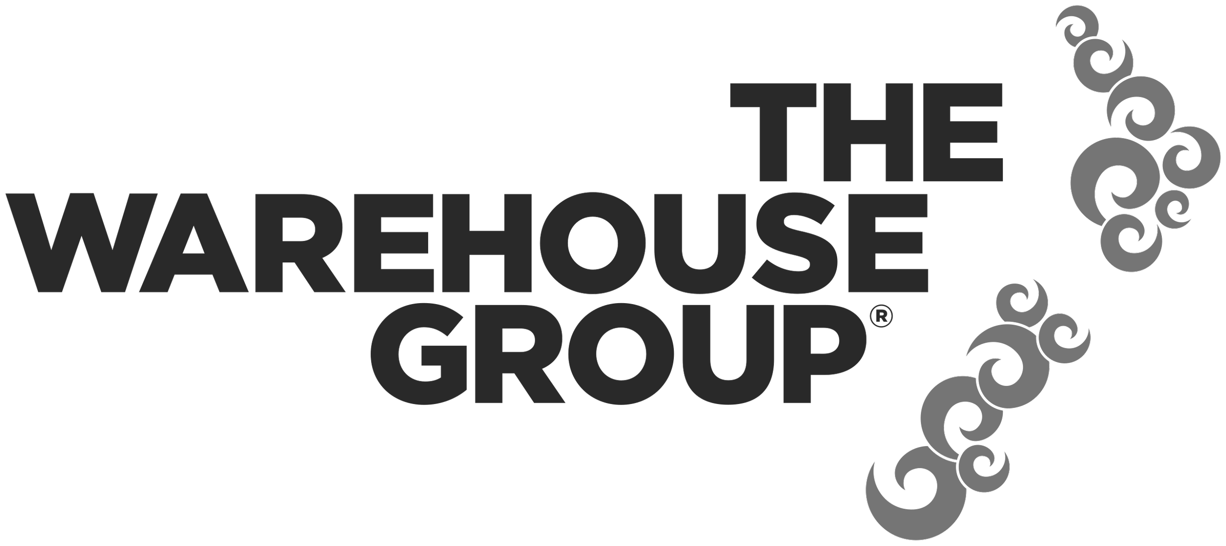 The Warehouse Group logo in black and gray with swirling decorative elements.