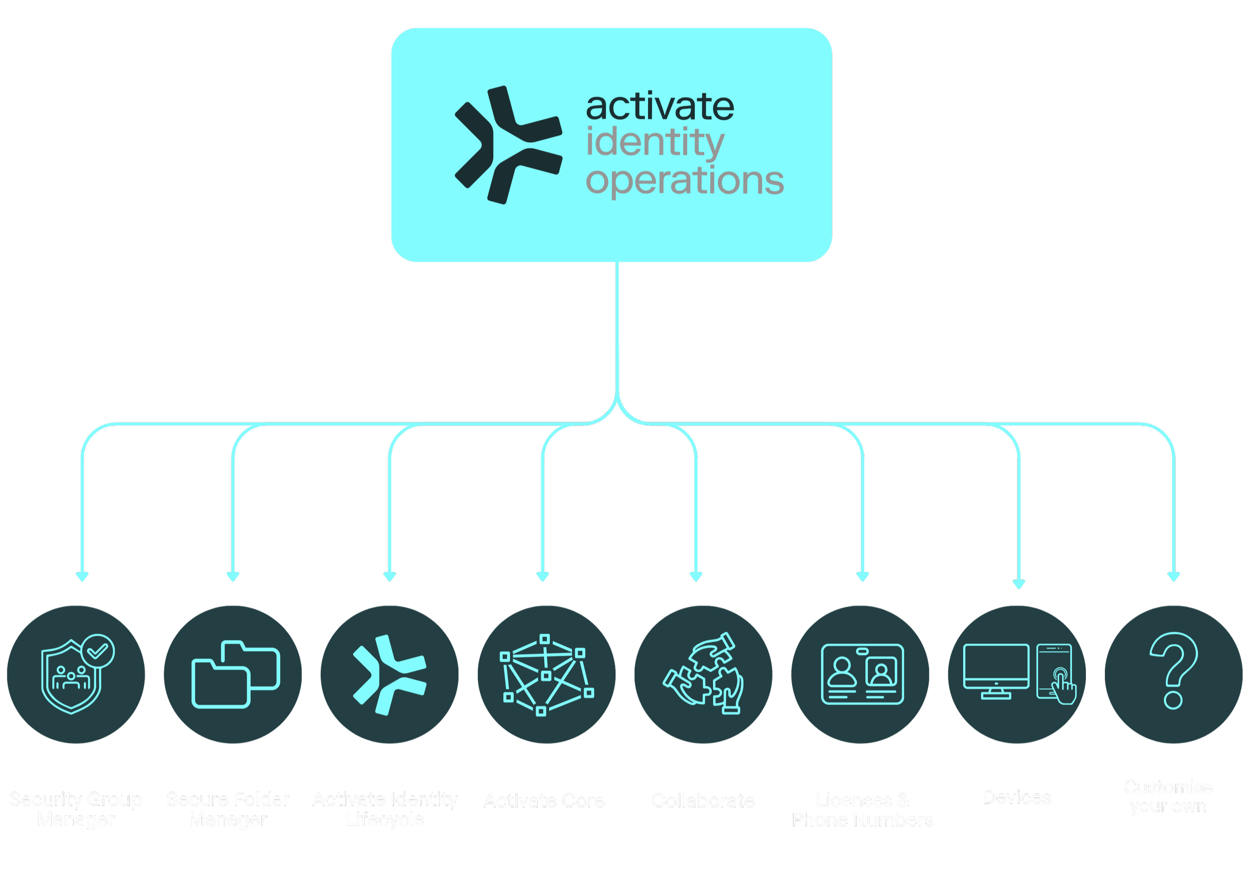 Flowchart with a light blue rectangle at the center containing a black icon of three interconnected lines and the words 'activate', 'identity', and 'operations'. Arrows point downward from the rectangle to various icons and labels at the bottom, including Security Group Manager, Secure Folder Manager, Activate Identity Lifecycle, Activate Core, Collaborate, Licenses & Phone Numbers, Devices, and Customize your own.