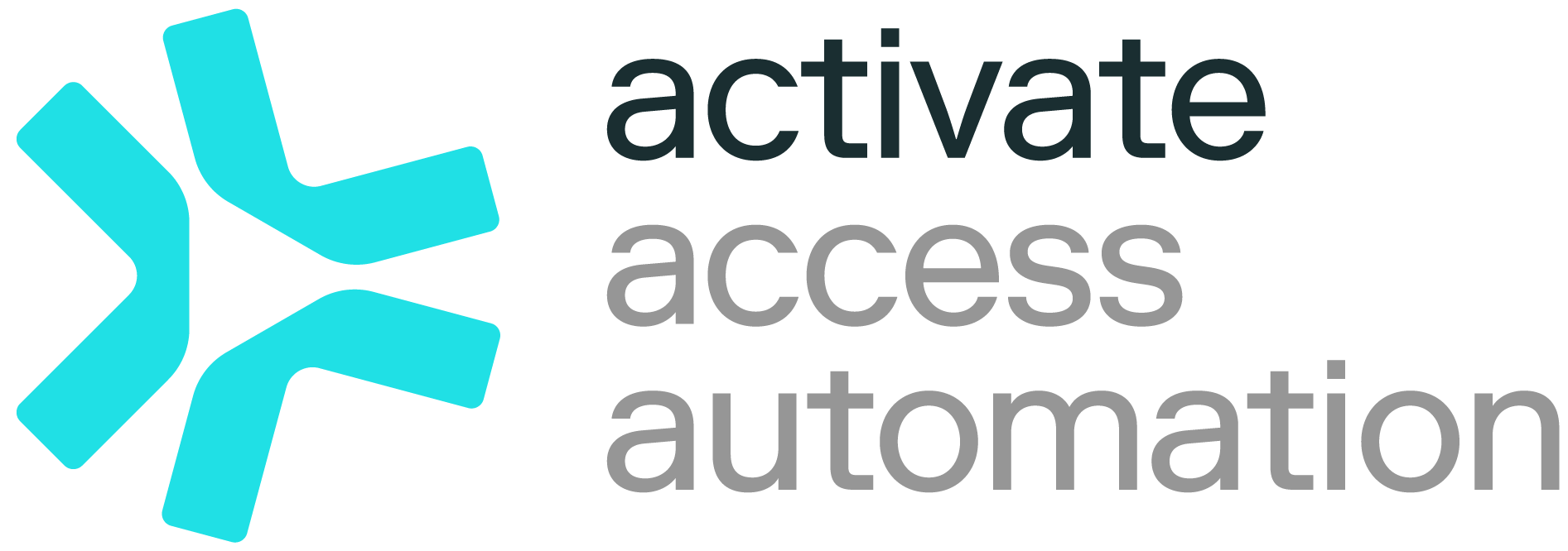 Logo for Activate Access Automation Solution featuring a stylized six-arrow moving clockwise in shades of blue and teal, next to the words activate access automation in black and gray text.