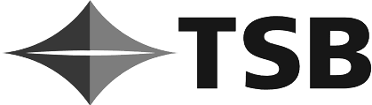 Black and gray logo with a diamond-shaped emblem and the letters 'TSB'