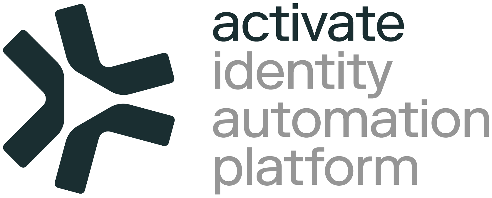 Logo of a platform that activates identity automation, featuring interconnected abstract shapes and the words "activate identity automation platform"
