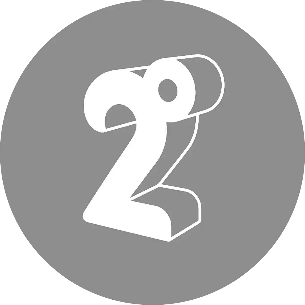 A gray circular background with the white stylized number 2 in the center.