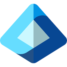 A geometric diamond-shaped logo with shades of blue and light gray.