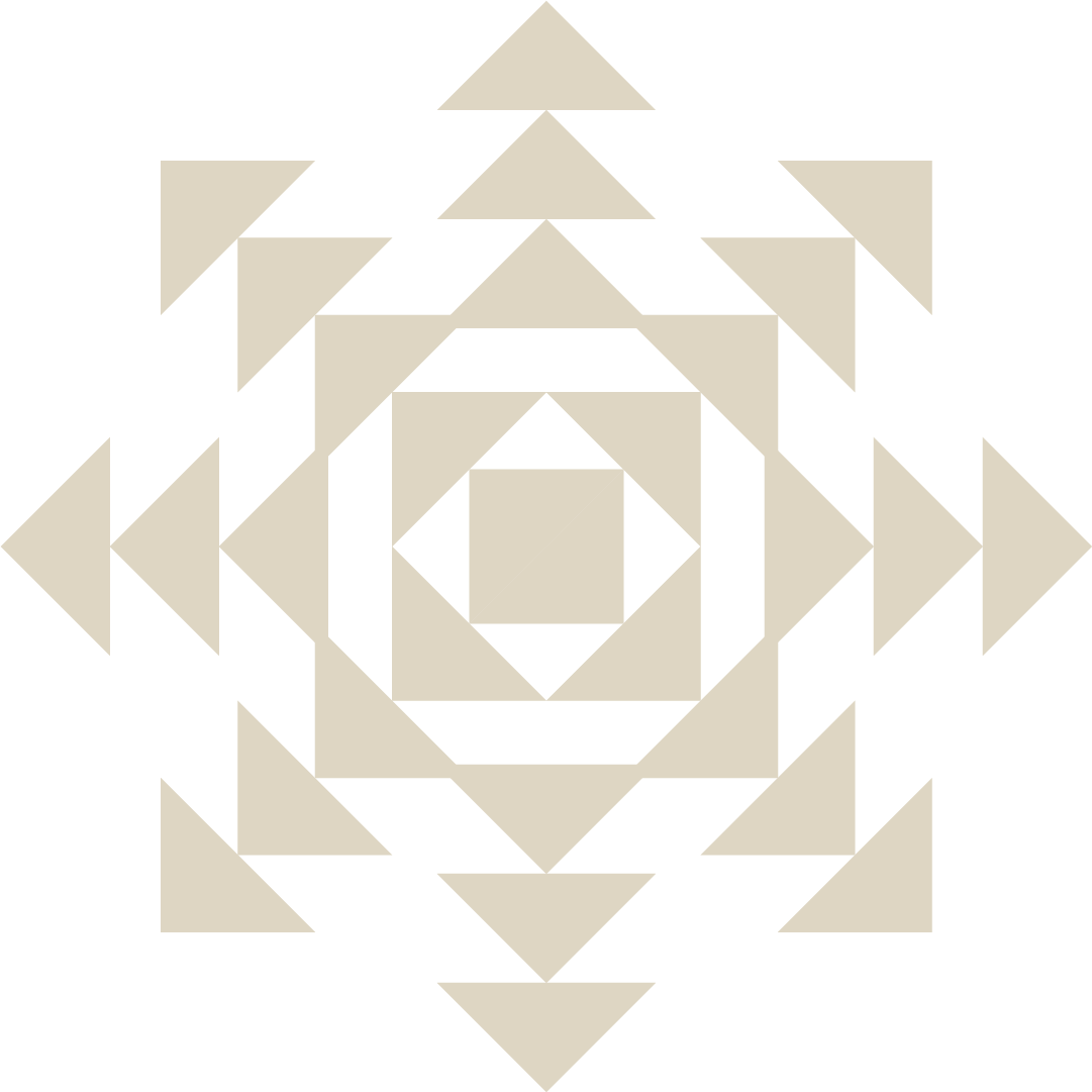 A geometric pattern with black and beige triangles and squares arranged in a symmetrical, layered design against a black background.