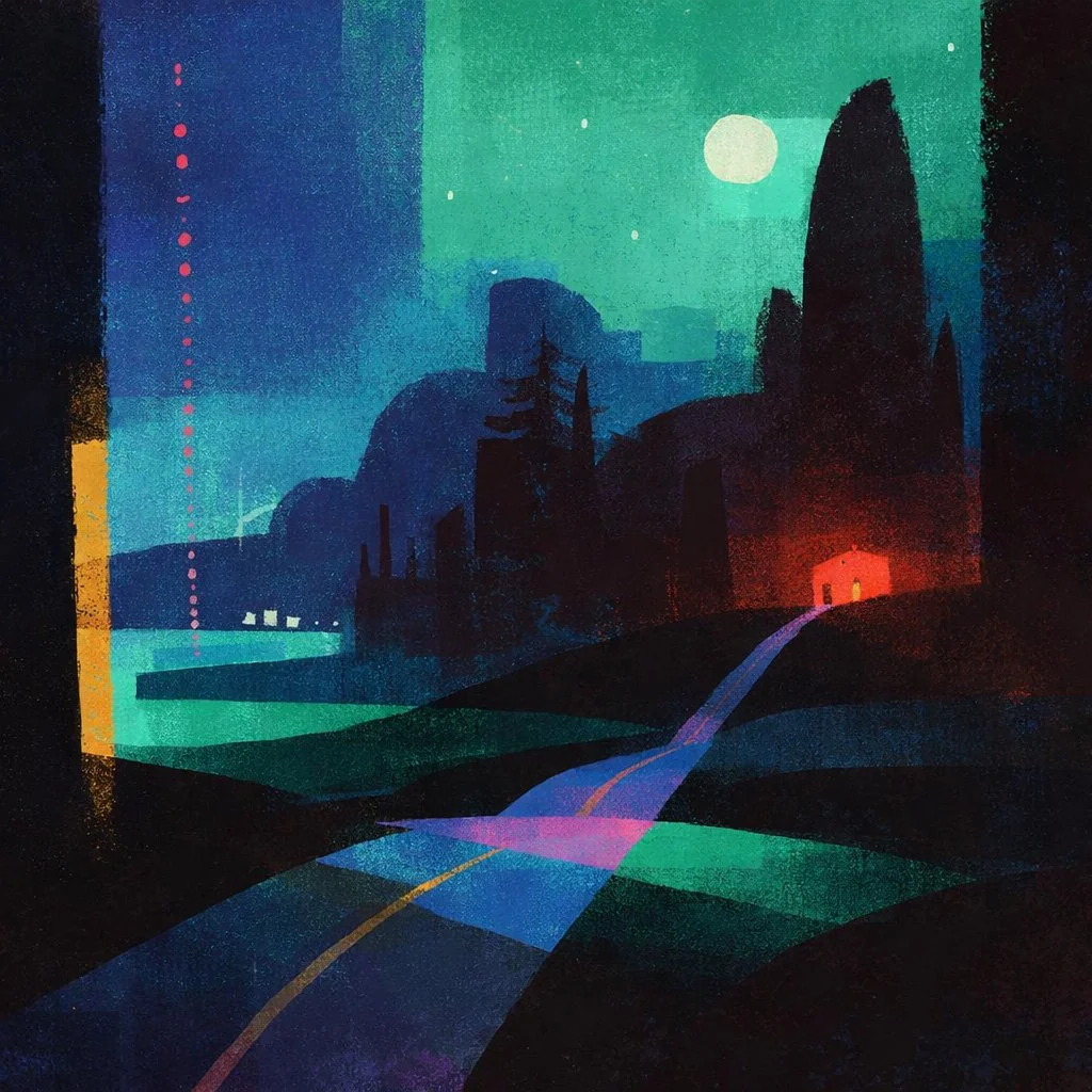 Red House at Night (2026) — Mixed media work