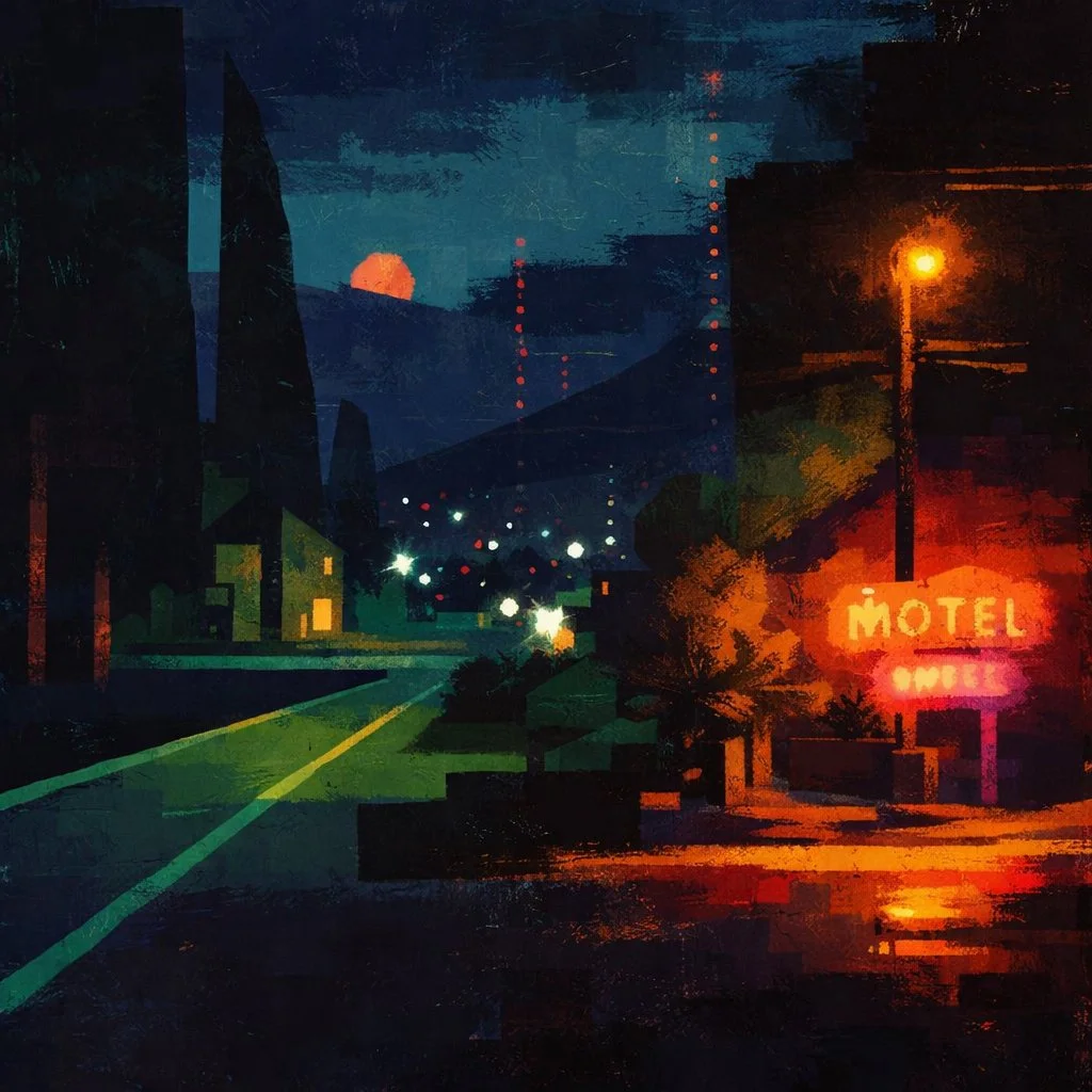 Night Drive, No Vacancy (2026) — Mixed media work