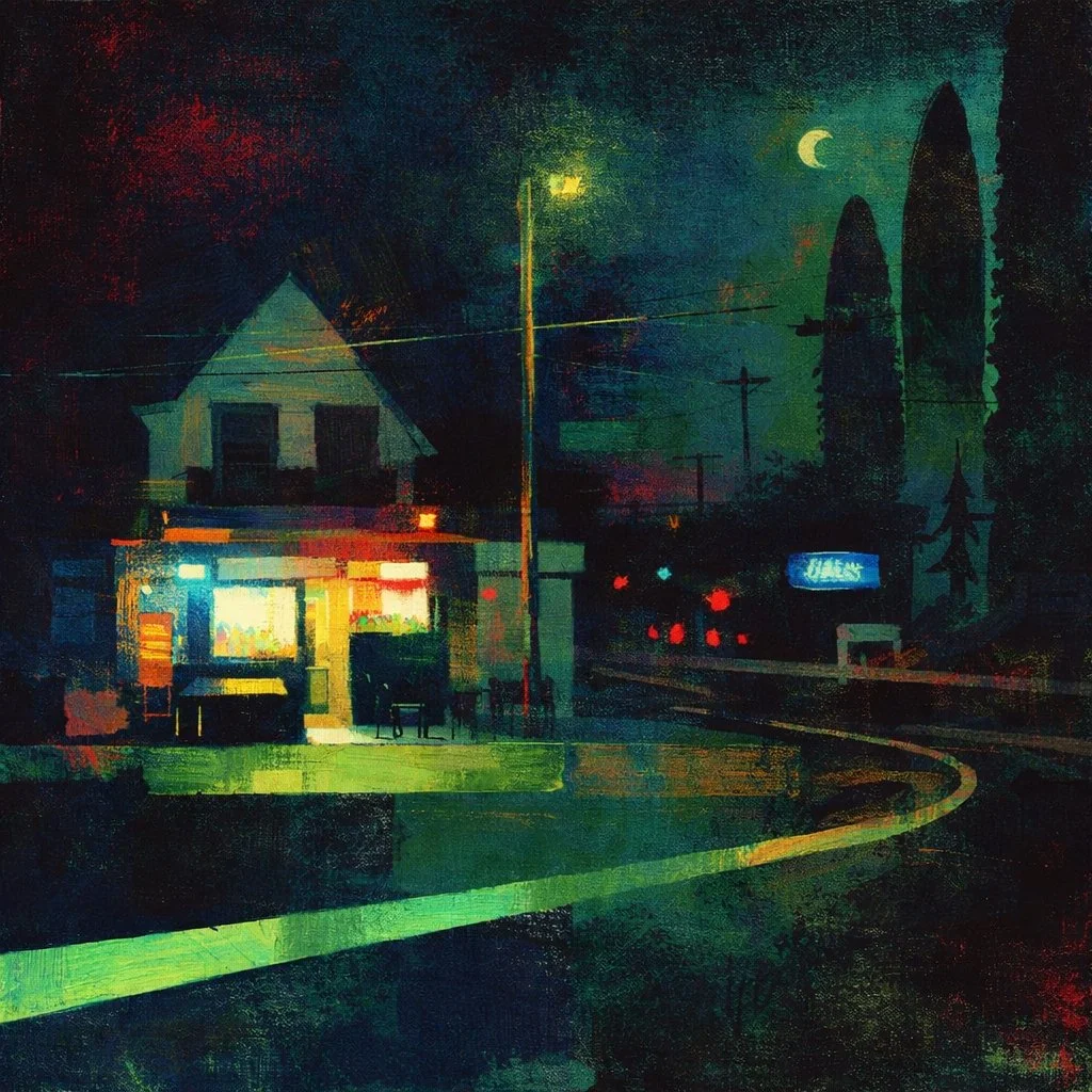 Last Light at the Pine Valley Market (2026) — Mixed media work
